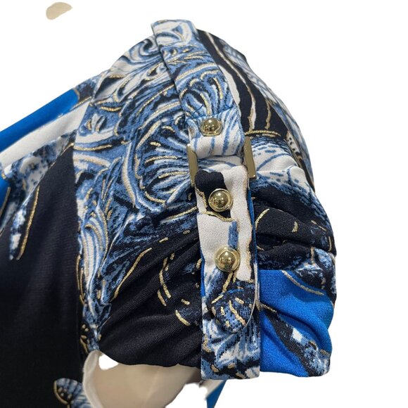 Cache Blue/Black Seashell Dress M Cap Sleeve Belted Elegant Stylish Summer Chic - Picture 8 of 12